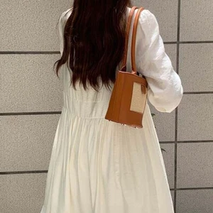 Breathable PU Woven Bucket Bag Anti-Splash Water Straw Shoulder Bag Vacation - Picture 1 of 14