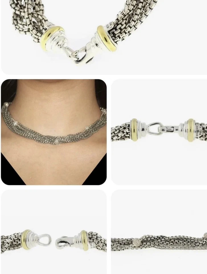 David Yurman Diamante Bola 8 Filas Multi Caja Cadena Collar Plata/Oro 18K Extremos Foto 1 de 4