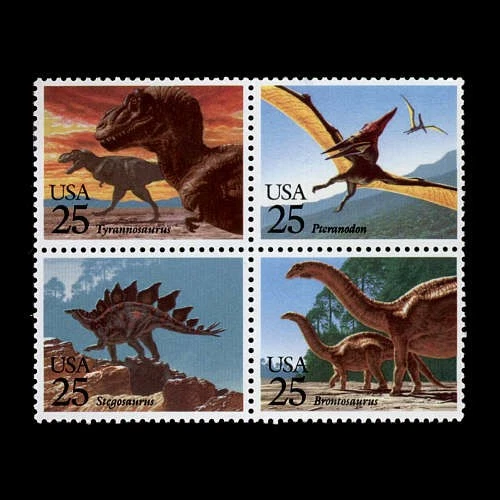 恐龙全新邮票 4 张邮票 1989 年美国 #2425b T-Rex Pteranodon Stegosaurus — 第 1/1 张图片