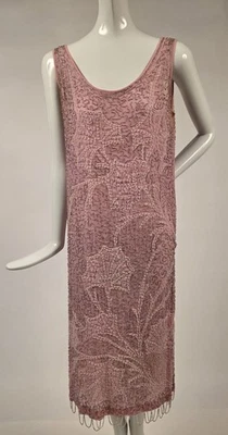 FLAPPER 1920’S HEAVY GLASS BEADED PINK MULSIN DRESS W GINKO PATTERNS - Image 1 of 4