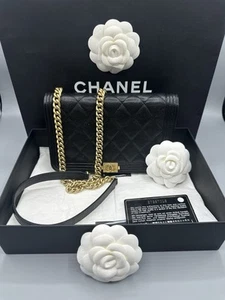 CHANEL Boy Wallet On Chain BLACK w/ GOLD Quilted Caviar Purse - Picture 1 of 13