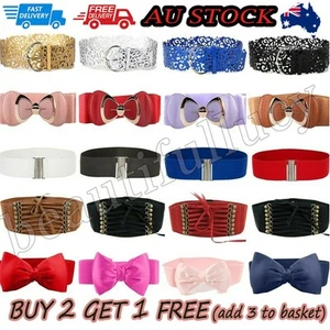 Womens Stretch Buckle Waist Belt Bow Corset Cinch Dress Wide Elastic Waistband - Picture 1 of 42