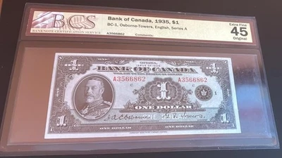 1935 Bank of Canada $1 Dollar Bank Note BC-1 BCS 45 Prefix A - Image 1 of 2