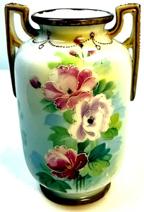 Antique Nippon Hand Painted Double Handle Vase Wild Pink Roses Moriage 5 in - Picture 1 of 10