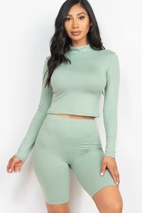 Mock Neck Top & Biker Shorts Set - Picture 1 of 4