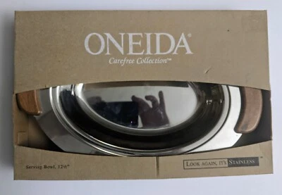 Oneida 12.5" Carefree Collection Stainless Steel serving bowl with wood handles - Image 1 of 2