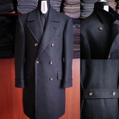 Men Long Overcoat Blue Herringbone Wool Blend Coat Winter Business Outwear - Image 1 of 4