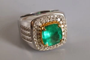 3ct Colombian emerald and diamond mens ring 18k white gold over pinky ring new - Picture 1 of 7