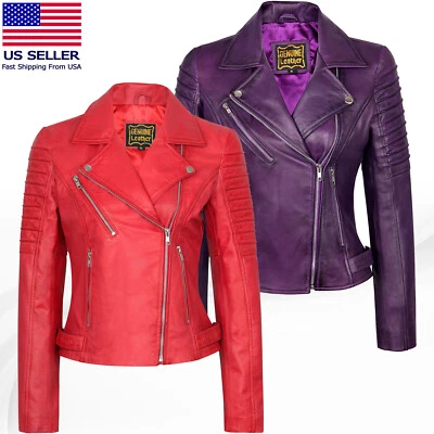 Women’s Motorcycle Biker Real Leather Jacket Lambskin Leather Top Slim fit S-3XL - Image 1 of 3