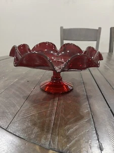 Blenko 7028 Ruby Red Footed Ruffled Blown Crackle Glass Compote Bowl 10.5” - Picture 1 of 9