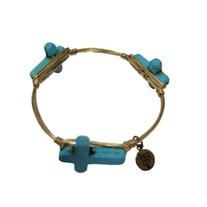 Bourbon And Bowties Turquoise Cross Wire Bangle Bracelet 7.25 Gold Tone - Picture 1 of 6