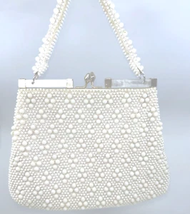 Vintage Beaded Clear Pearly Lucite Frame Kiss Clasp Purse Bag Ivory Hong Kong - Picture 1 of 7