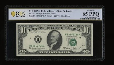 DBR 1969-C $10 FRN St. Louis Gem Fr. 2021-H PCGS-B 65 PPQ Serial H54862726A - Image 1 of 2