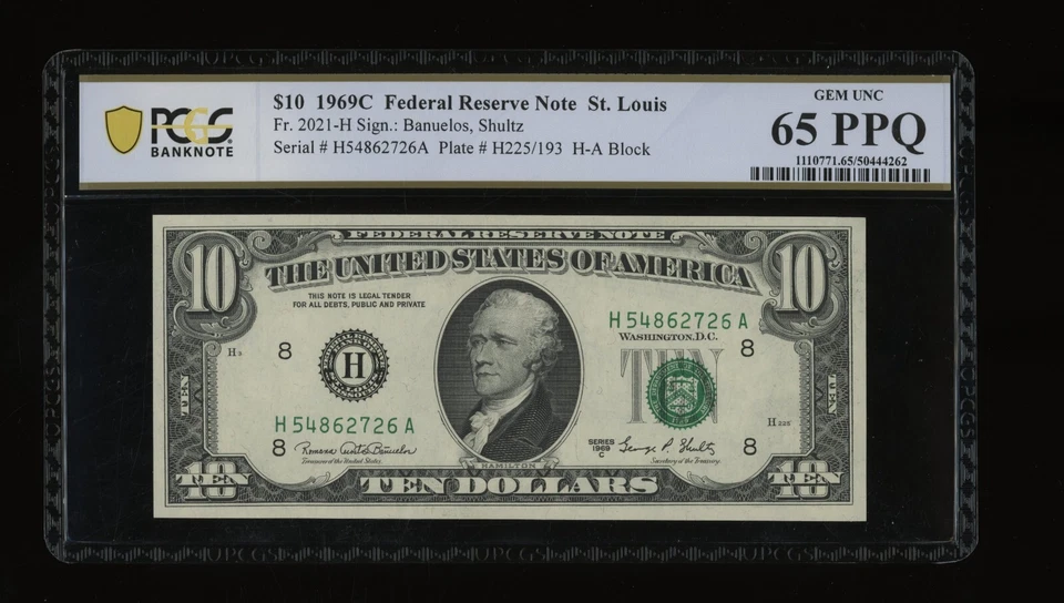 DBR 1969-C $10 FRN St. Louis Gem Fr. 2021-H PCGS-B 65 PPQ Serial H54862726A - Image 1 of 2