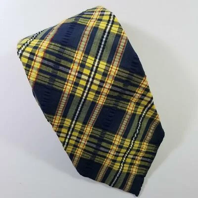 Vtg Lacrosse Seersucker Plaid Tie Blue/Yellow 4" Poly-Cotton Famous-Barr 1970s - Image 1 of 4