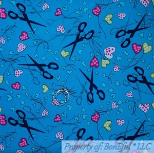 BonEful TESSUTO FQ Trapunta Cotone Blu Acqua Rosa Teal Cuore Forbici Cucito Artigianale S - Foto 1 di 12