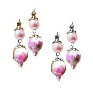 Pink Porcelain and Pearl earrings, choose clip on or pierced - Picture 1 of 3