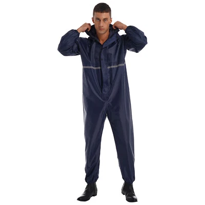 Men's Hooded Raincoat Waterproof Rain Suit Reflective Jumpsuit Zipper Coveralls - Image 1 of 4