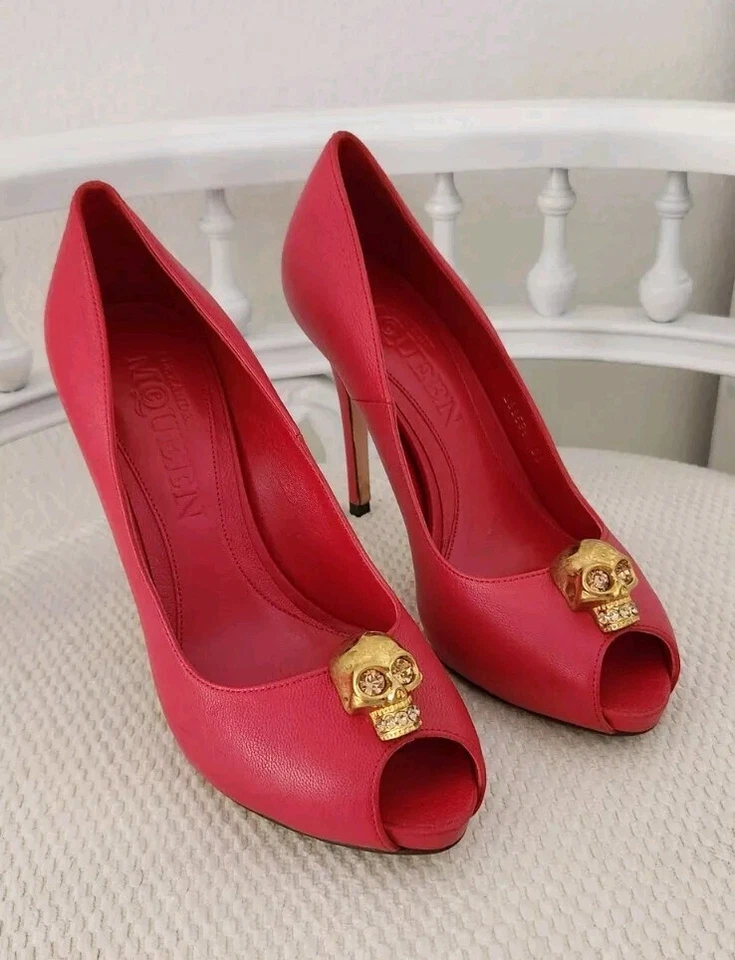 Alexander McQueen Red Leather Skull Embellished Peep Toe Pumps Size 36 - Image 1 of 4