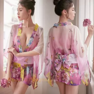 Sexy japanische Kimono-Dessous mit Blumenmuster durchsichtig Bademantel Nachtkleid Cosplay - Bild 1 von 14