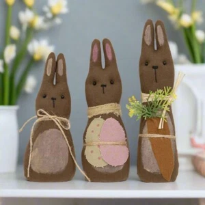 Primitive Easter Spring 3 pc Fabric “ Chocolate” Bunny Doll Family - Picture 1 of 3