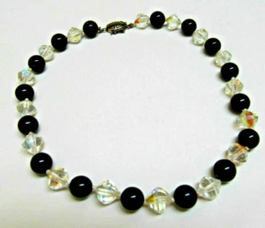 Genuine Black Onyx & Cut Crystal Bead Necklace ~ 15 1/2" - Picture 1 of 10