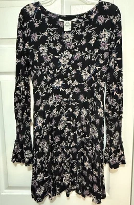 Juniors American Rag Boho Button Up Tea Dress Black Floral Size Medium - Image 1 of 4