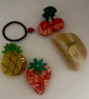 Pink Linen Summer Fruit Strawberry, Pineapple, Cherry Hair Clips + Lemon Clip - Image 1 of 3