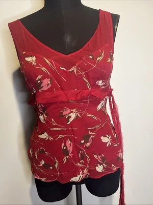 Camiseta sin mangas BCBG Maxazria 100 % seda roja floral forrada transparente pequeña Foto 1 de 4