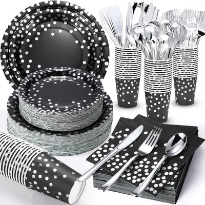 Papel desechable Sieral 560 piezas negro y plateado para 80 invitados... Foto 1 de 4