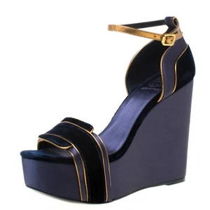Tory Burch Alexia sandalo con zeppa in velluto e raso blu navy/oro misura 10 - Foto 1 di 9