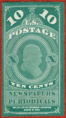 [V927] USA 1865 Scott#PR2 MNG 10c green NEWSPAPER cv:$300 - Image 1 of 3