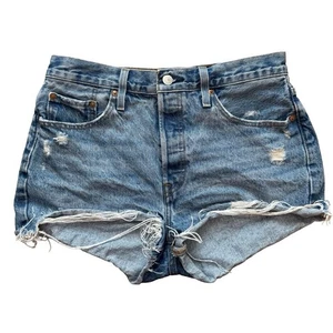 LEVI'S 501 High Rise Big E Shorts Womens W29 Cutoff Denim Blue Distressed - Picture 1 of 9