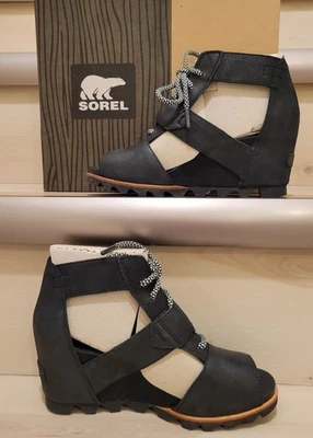 Sandalias de plataforma Sorel Joanie de encaje con cuña negras, cuero sal marina para mujer talla 8,5 Foto 1 de 4