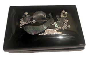 Vintage Oriental Lacquer Jewelry Box Mother of Pearl Raised Peacock Floral - Picture 1 of 3