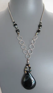 STERLING SILVER, Agate, Crystal BEADS NECKLACE PENDANT Statement Necklace, 17" L - Picture 1 of 8