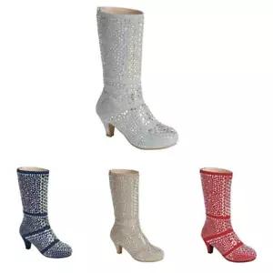 Kids Girls Fashion Rhinestone Glitter Boots Shimmering Low Heel Party Shoes Size - Picture 1 of 15