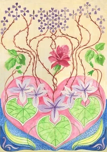 OrIgInAl FoLk ART WaTeRCoLoR PaInTiNg VinTaGe ShAbbY ChIc PiNk Rose PuRpLe HEaRt - Imagen 1 de 8