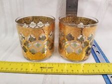 Vintage Mid Century Culver Valencia 22k Gold Teal Double Old fashioned glasses