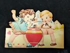 Vintage Valentine Card Boy Pink Girl Blue Toy Red Top House Hearts 1930s-1940s