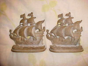Pair ANTIQUE BRONZE SHIP Bookends A GALLEON IN THE TIME OF ELIZABETH 1558-1603 - Picture 1 of 6
