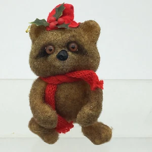 Vintage Flocked Raccoon Red Scarf Hat Christmas Ornament 3.5” Figure - Picture 1 of 8