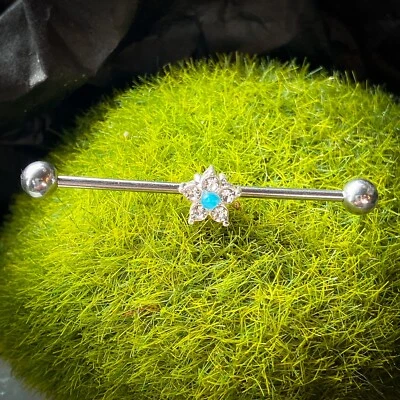 1pc Opal Glitter Centered CZ Gem Flower Industrial Barbell 14g 1.5" 1&1/2" 38mm - Image 1 of 2
