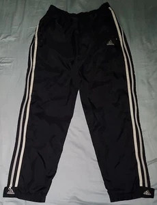 VTG ADIDAS FULL ZIP BLACK WIND TRACK PANTS LARGE BAGGY NYLON LINED ANKLE STRAPS - Picture 1 of 15