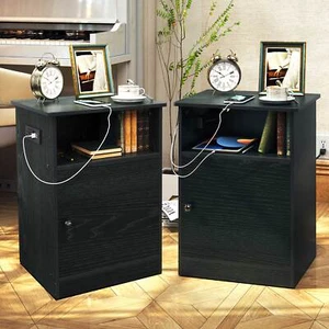 Wood Nightstand Set of 2 with Charging Station Sofa Side End Table Night Stand - Picture 1 of 12
