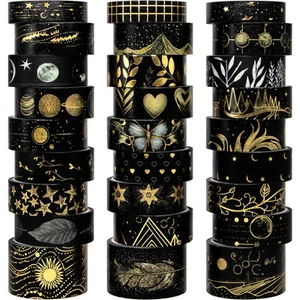 Black Washi Tape Set, 27 Rolls Black Gold Foil Decorative Masking Tape for Bu... - Picture 1 of 7