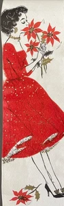 Pretty Lady Red Glitter Party Dress Poinsettias Jewels Vtg XMAS Card FRONT ONLY! - Bild 1 von 5
