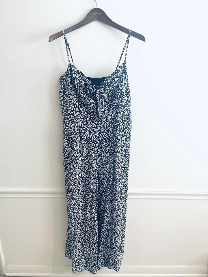 J. Crew Jumpsuit Sz 10 Wide Leg Floral Smocked Blue White Sleeveless Tie Front - Image 1 of 4