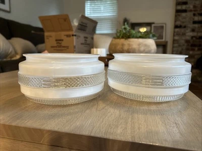 Vintage Round MCM Glass Ceiling Light Cover Pair White Frosted Art Deco 6” - Image 1 of 4