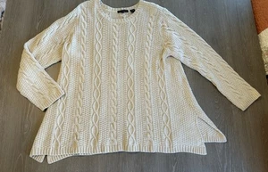 Jeanne Pierre Baumwollpullover Gr. 2X Elfenbein Creme Zopfmuster Grobstrick Schlitze Tunika - Bild 1 von 11